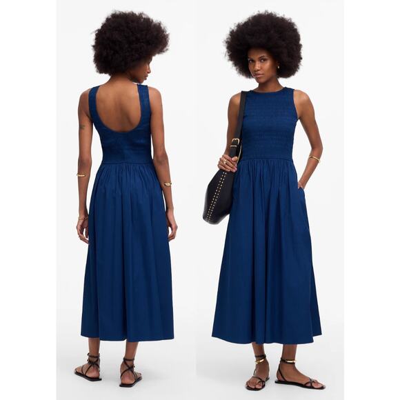 Madewell | NWT The Melody Scoopback Smocked Midi Dress in Blue Moon | Sz M - Picture 1 of 11